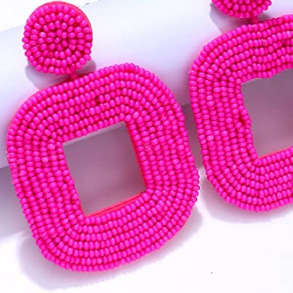 Oversized Bright Pink Handmade Beaded Dangle Earrings Post New Handcrafted Boho - Picture 5 of 7